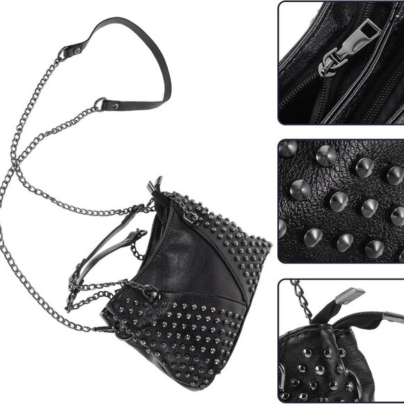 Studded Faux Leather Crossbody Bag Unisex with Chain and Rivets - Picture 6 of 9